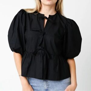 NATI Linen  Black Puff Sleeve Blouse. Size S